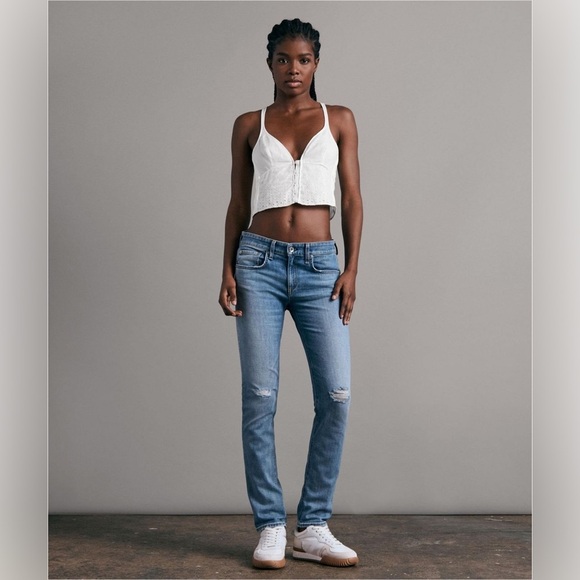 Rag & Bone Dre Low Rise Ankle Slim Boyfriend Jean Distressed blue 24 Raw Hem - Picture 2 of 13